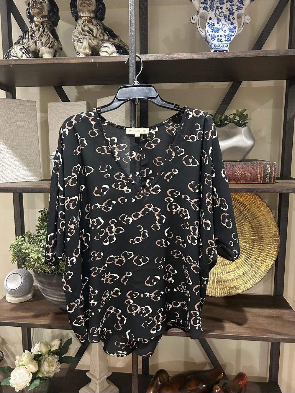 By Together Black Leopard Print V-Neck Blouse with Beige Accents
